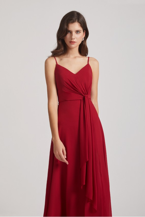 Spaghetti Straps V-Neck Waist-Tie Chiffon Bridesmaid Dresses