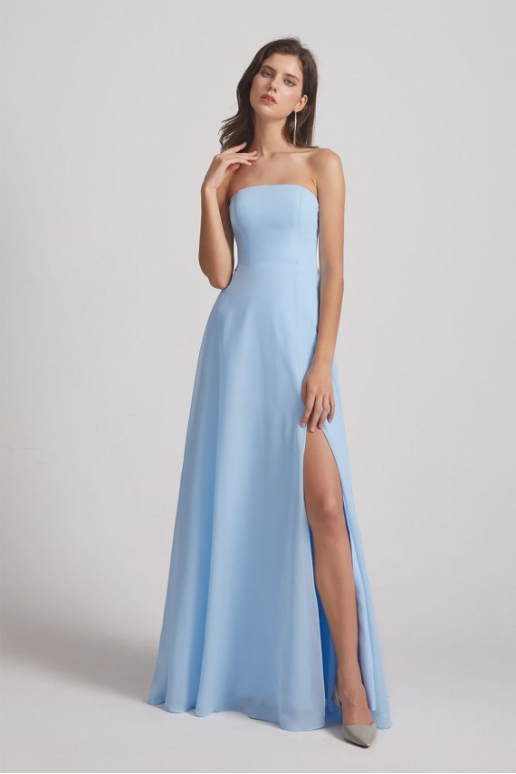 Strapless Chiffon Ruched Split Long Blue Bridesmaid Dresses