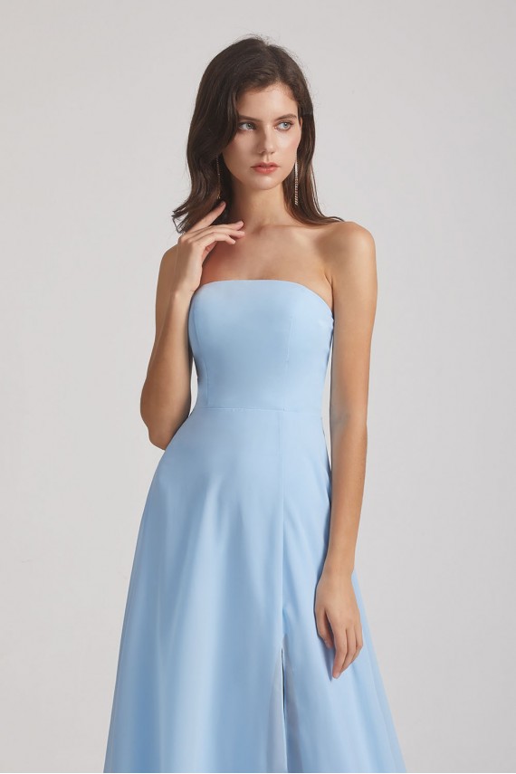 Strapless Chiffon Ruched Split Long Blue Bridesmaid Dresses