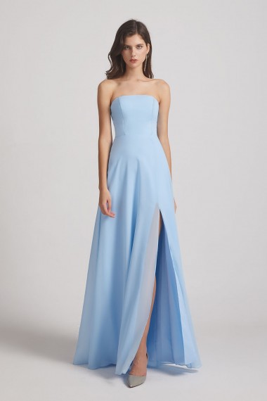 Strapless Chiffon Ruched Split Long Blue Bridesmaid Dresses