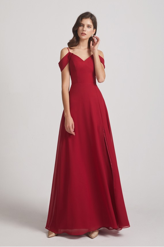 Chiffon Cold Shoulder V-Neck Bridesmaid Dresses with Slit