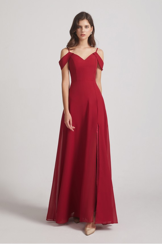 Chiffon Cold Shoulder V-Neck Bridesmaid Dresses with Slit