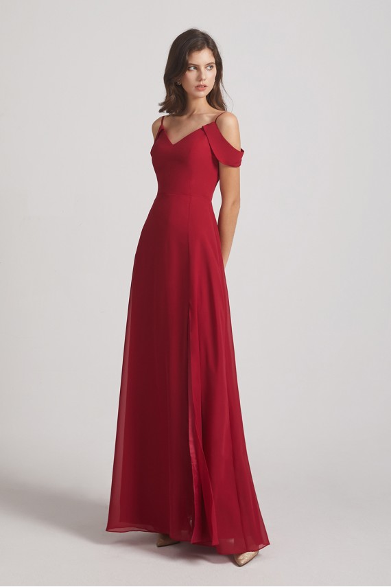 Chiffon Cold Shoulder V-Neck Bridesmaid Dresses with Slit