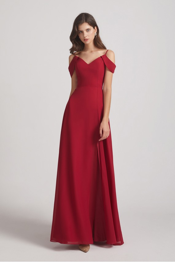 Chiffon Cold Shoulder V-Neck Bridesmaid Dresses with Slit