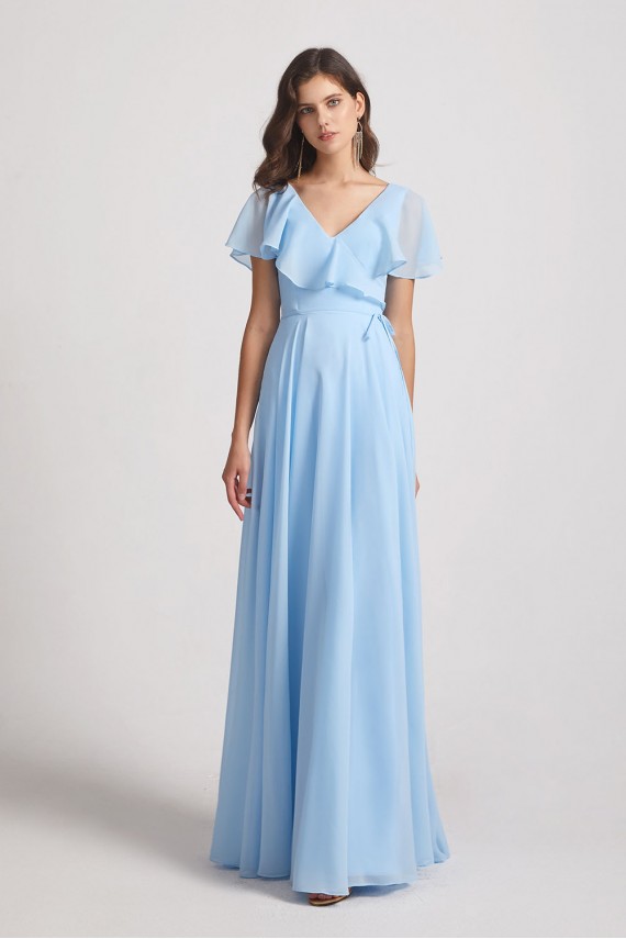 V-Neck Flutter Sleeve Long Chiffon Ruffles Bridesmaid Dresses
