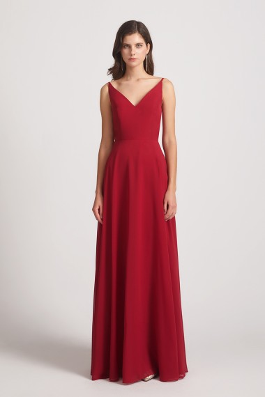V-Neck Spaghetti Straps Chiffon Bridesmaid Dresses With Back Tie