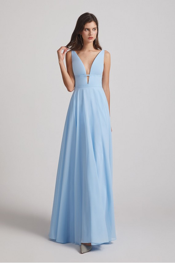 Deep V-Neck Chiffon Bridesmaid Dresses with Low Cut V Back