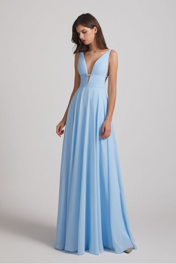 Deep V-Neck Chiffon Bridesmaid Dresses with Low Cut V Back
