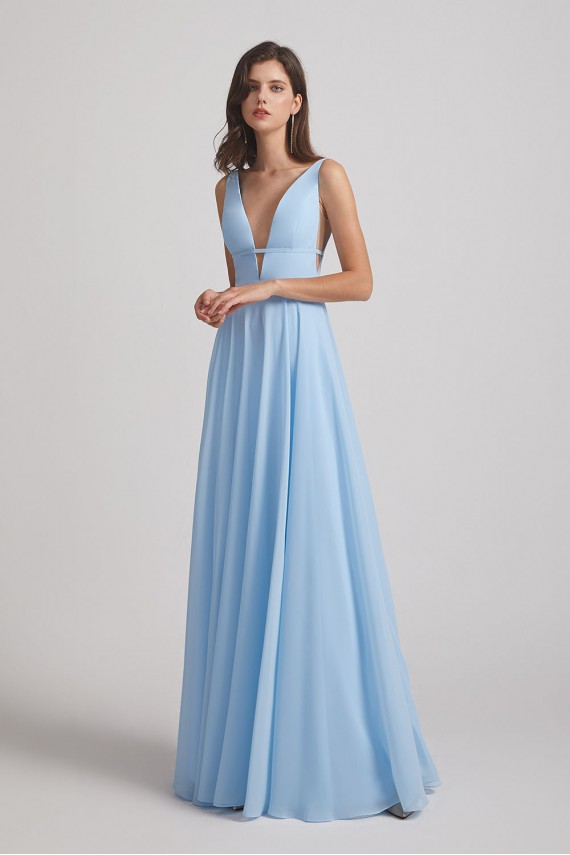 Deep V-Neck Chiffon Bridesmaid Dresses with Low Cut V Back