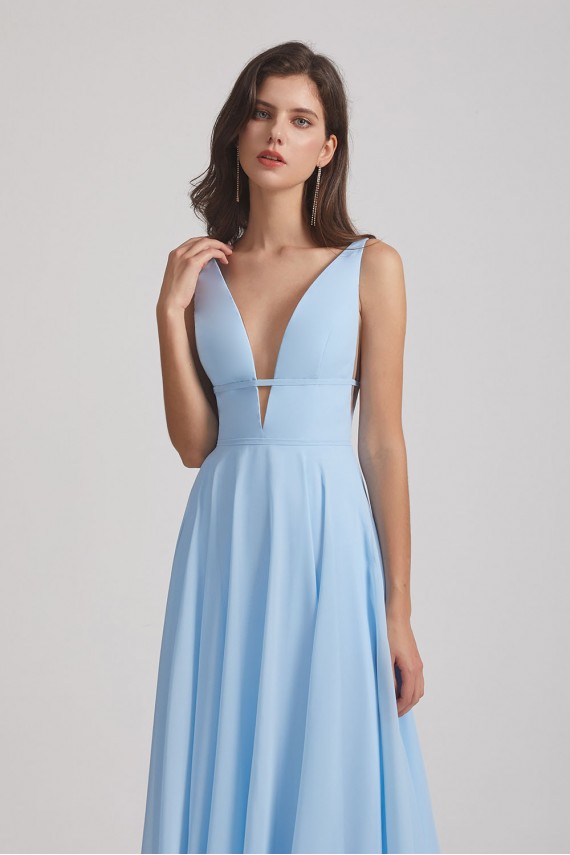 Deep V-Neck Chiffon Bridesmaid Dresses with Low Cut V Back