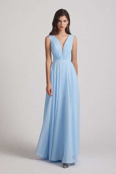 Sleeveless V-Neck Crinkle Chiffon Long Blue Bridesmaid Dresses