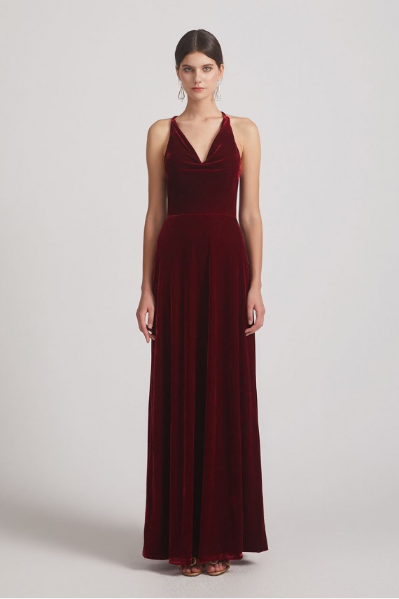 Velvet Cowl Neck Bridesmaid Dresses with Open Back