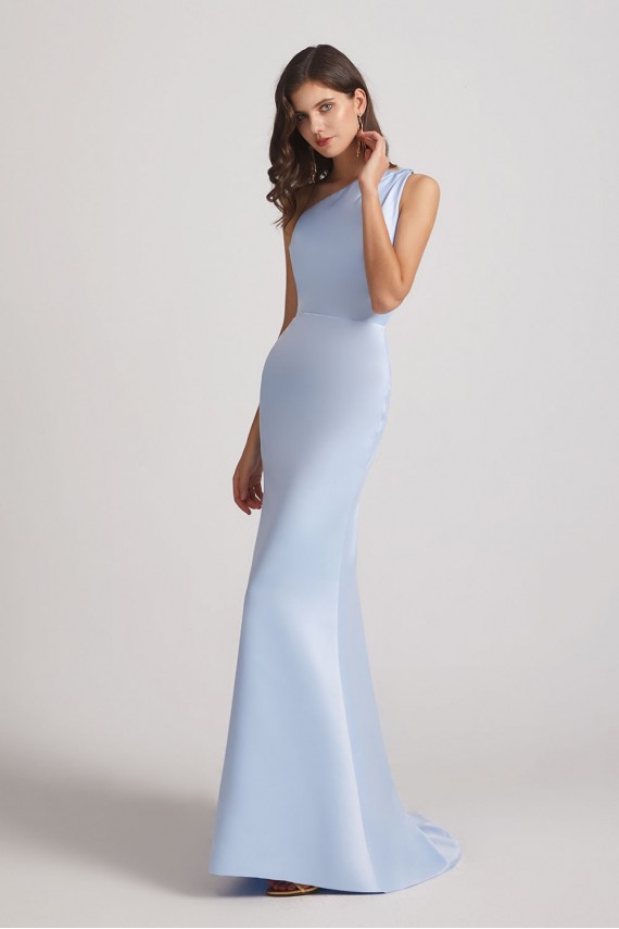 One Shoulder Satin Sheath Long Bridesmaid Dresses with Open Back