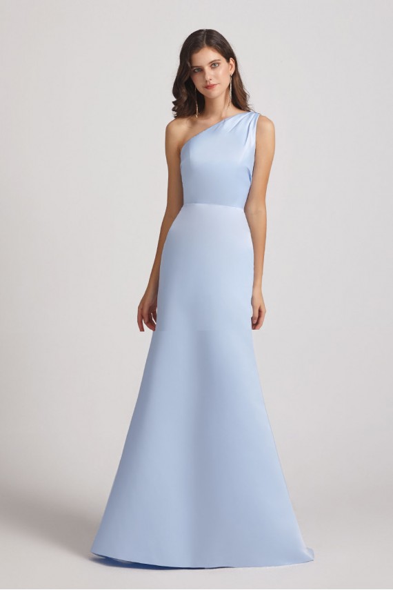 One Shoulder Satin Sheath Long Bridesmaid Dresses with Open Back