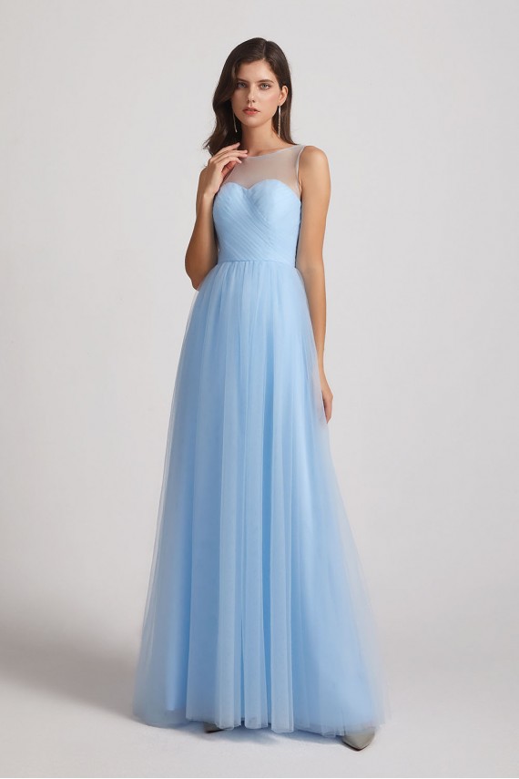 Sleeveless Ruched Tulle Jewel Illusion Bridesmaid Dresses