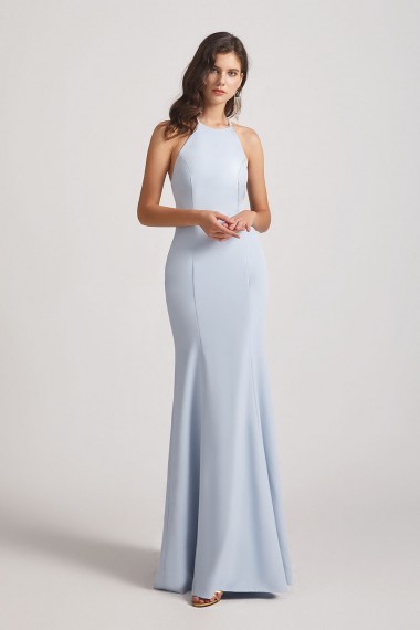 Halter Criss Cross Back Blue Long Bridesmaid Dresses