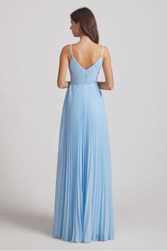 Spaghetti Straps V-Neck Pleated Blue Chiffon Bridesmaid Dresses