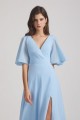 V-Neck Chiffon Side Slit Flutter Half Sleeve Blue Bridesmaid Dresses