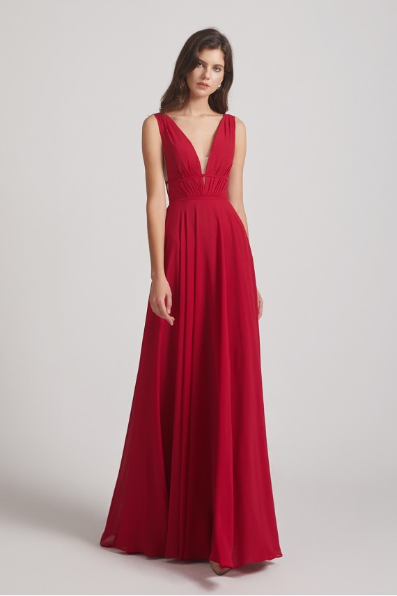 Wide Straps Double V-Neck Crinkle Chiffon Bridesmaid Dresses