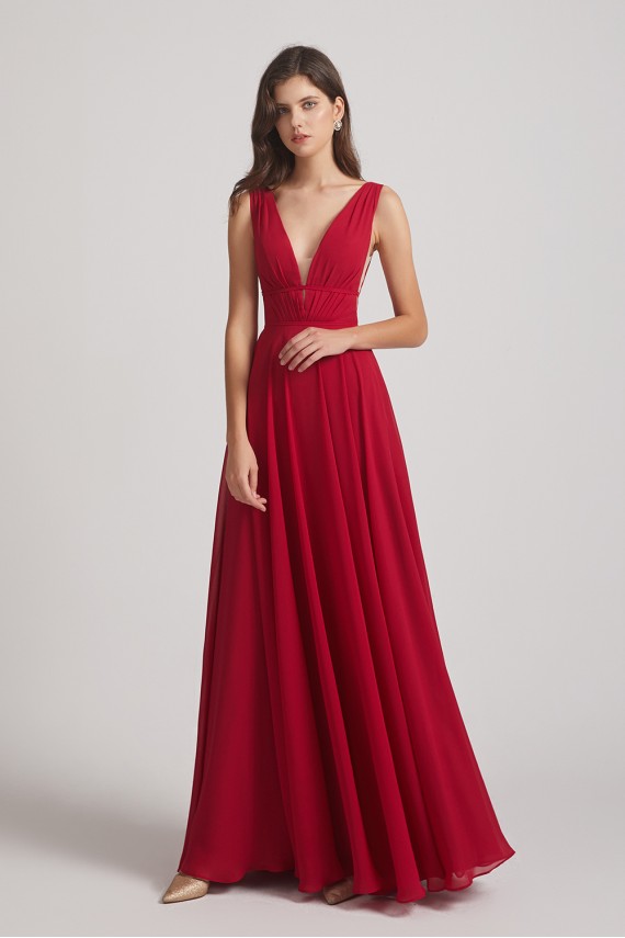 Wide Straps Double V-Neck Crinkle Chiffon Bridesmaid Dresses