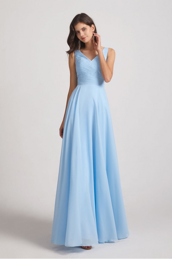 V-Neck Sleeveless Pleated Chiffon Bridesmaid Dresses with Back Tie