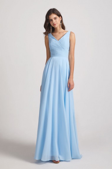 V-Neck Sleeveless Pleated Chiffon Bridesmaid Dresses with Back Tie