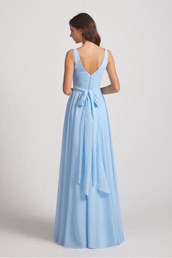 V-Neck Sleeveless Pleated Chiffon Bridesmaid Dresses with Back Tie