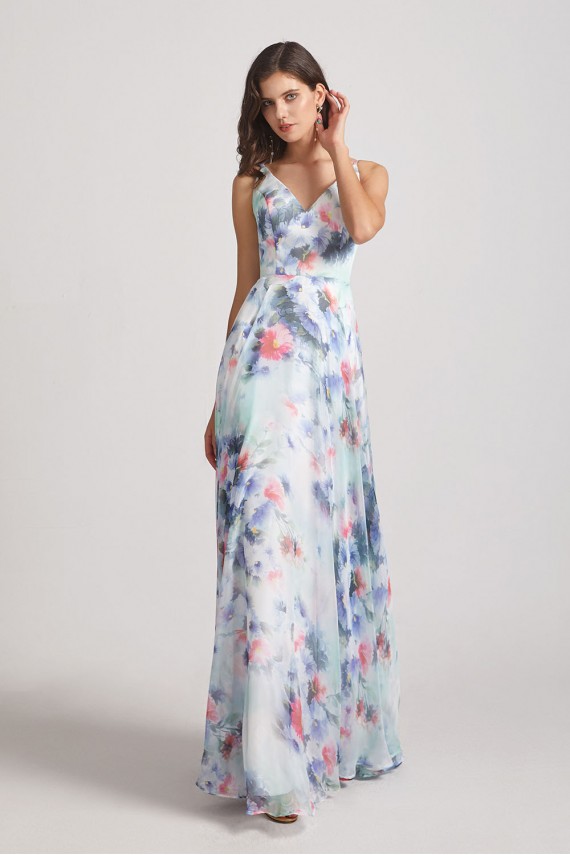 Blue Flower Print Bridesmaid Dresses