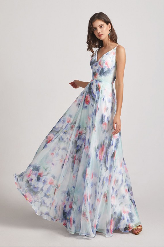 Blue Flower Print Bridesmaid Dresses