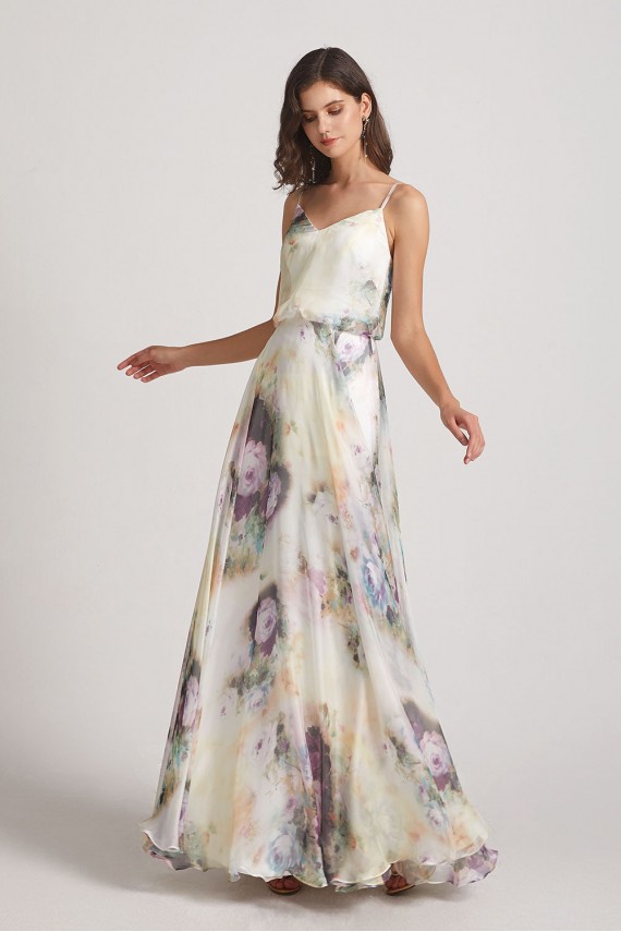 V-Neck Spaghetti Straps Floral Bridesmaid Dresses
