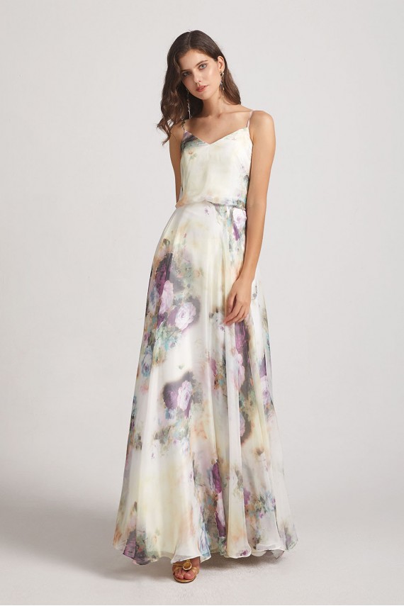 V-Neck Spaghetti Straps Floral Bridesmaid Dresses