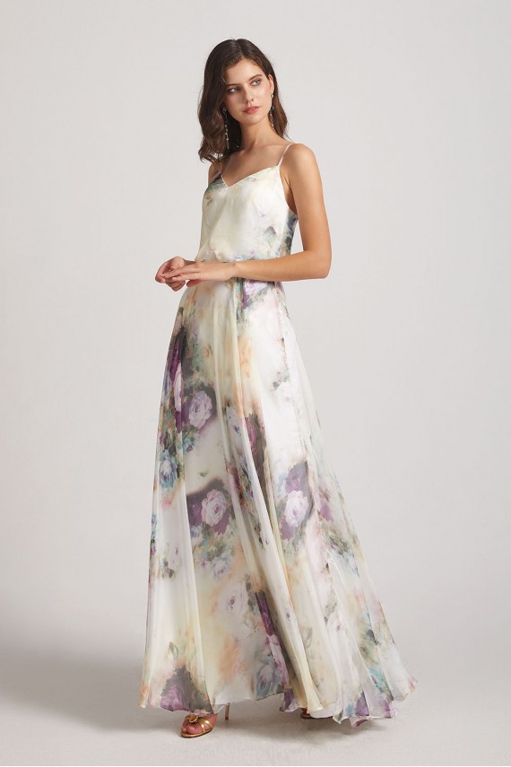 V-Neck Spaghetti Straps Floral Bridesmaid Dresses