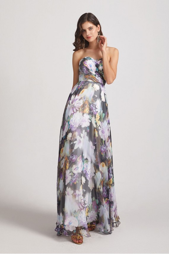 Strapless Cross-Ruched Bodice Patterned Floral Bridesmaid Dresses