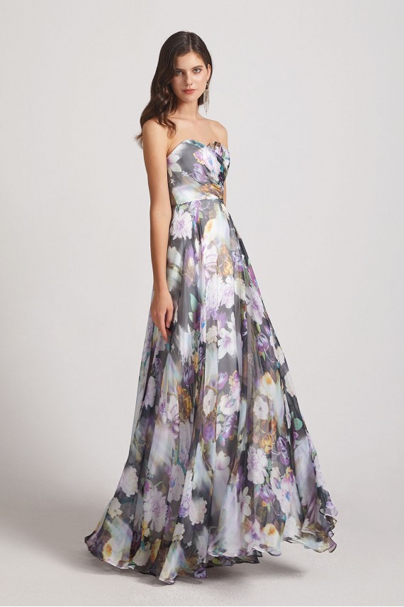 Strapless Cross-Ruched Bodice Patterned Floral Bridesmaid Dresses