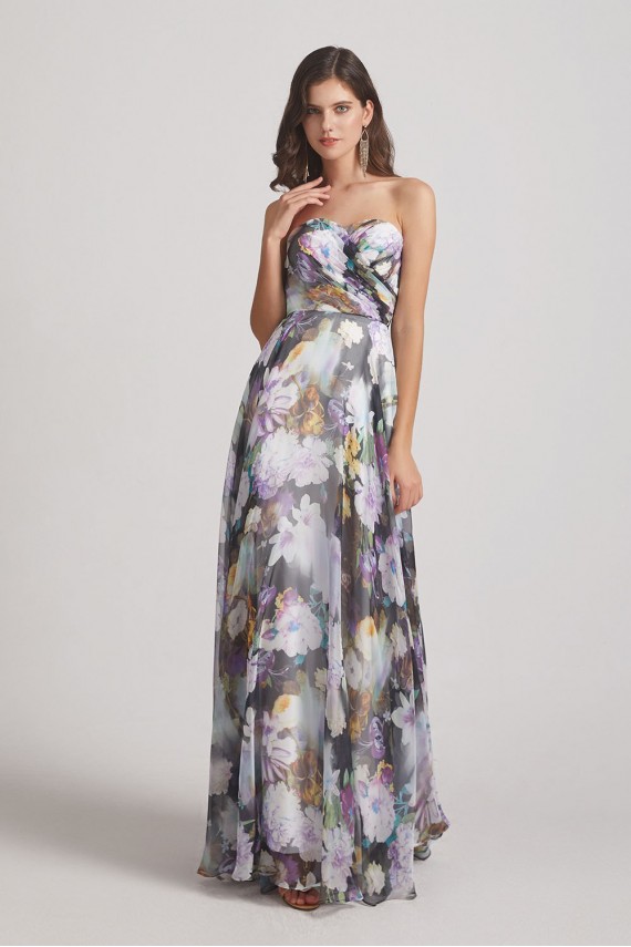 Strapless Cross-Ruched Bodice Patterned Floral Bridesmaid Dresses