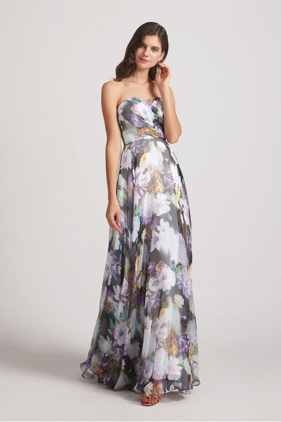 Strapless Cross-Ruched Bodice Patterned Floral Bridesmaid Dresses