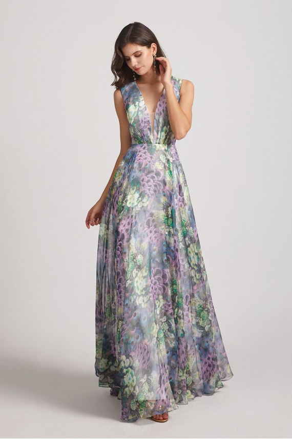 Peacock Floral-Printed Bridesmaid Dresses with Double V-Neck