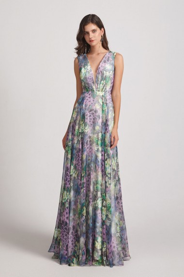 Peacock Floral-Printed Bridesmaid Dresses with Double V-Neck