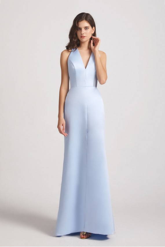 V-Neck Straps Blue Satin Front Slit Bridesmaid Dresses with Open Back