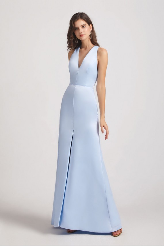 V-Neck Straps Blue Satin Front Slit Bridesmaid Dresses with Open Back