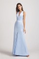 V-Neck Straps Blue Satin Front Slit Bridesmaid Dresses with Open Back