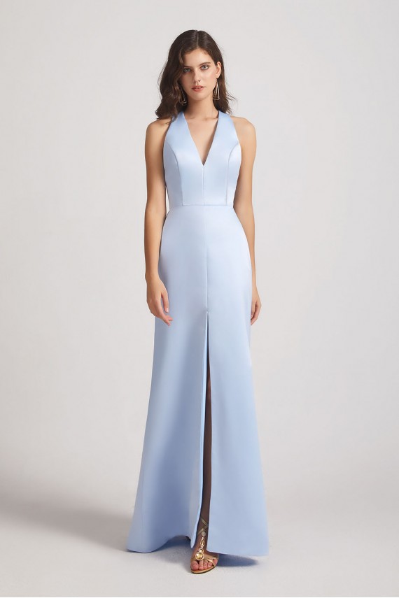 V-Neck Straps Blue Satin Front Slit Bridesmaid Dresses with Open Back