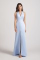 V-Neck Straps Blue Satin Front Slit Bridesmaid Dresses with Open Back