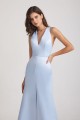 V-Neck Straps Blue Satin Front Slit Bridesmaid Dresses with Open Back