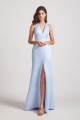 V-Neck Straps Blue Satin Front Slit Bridesmaid Dresses with Open Back