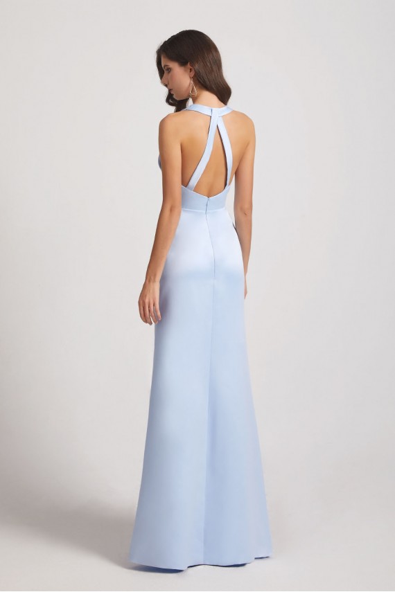 V-Neck Straps Blue Satin Front Slit Bridesmaid Dresses with Open Back