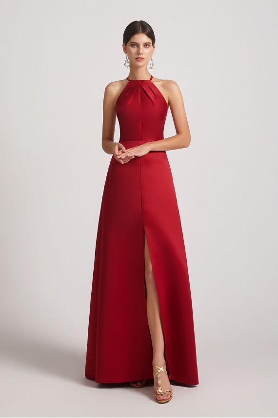 Crinkle Halter Neckline Keyhole Satin Gown with Front Slit