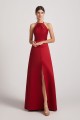 Crinkle Halter Neckline Keyhole Satin Gown with Front Slit