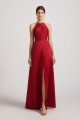 Crinkle Halter Neckline Keyhole Satin Gown with Front Slit