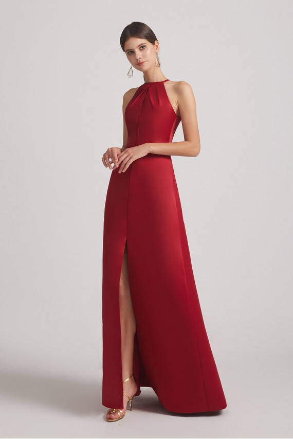 Crinkle Halter Neckline Keyhole Satin Gown with Front Slit